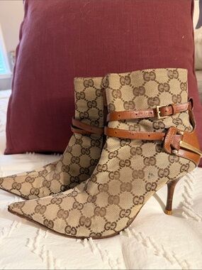 Gucci Beige and Brown GG Canvas Ankle Boots with Leather Straps